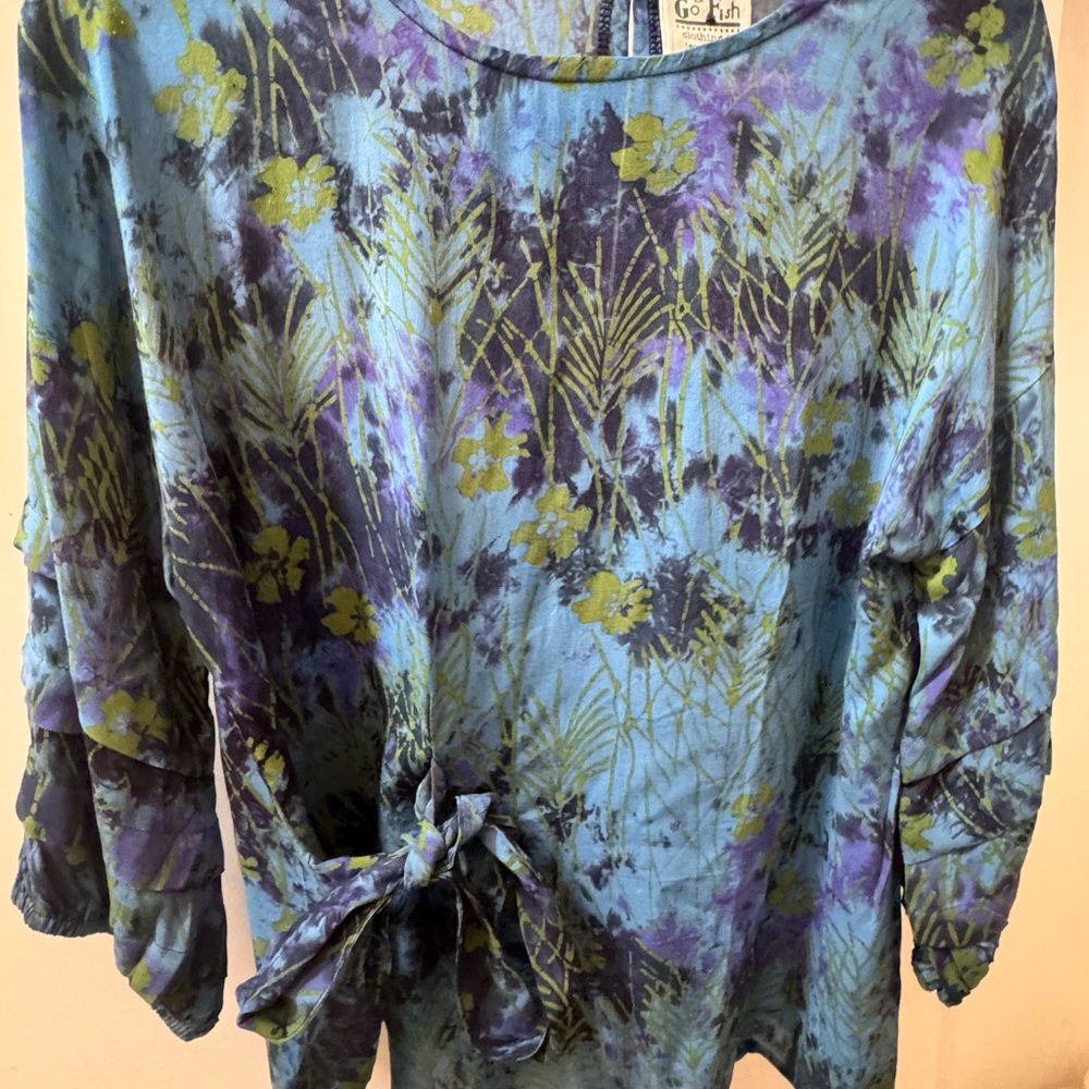 Batik Print Tie-Front Top - Blue and Green